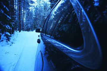 car winter forest travel, background december nature