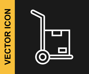 White line Hand truck and boxes icon isolated on black background. Dolly symbol. Vector