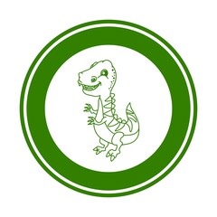 Road sign with young tyrannosaurus dinosaur on white and green background