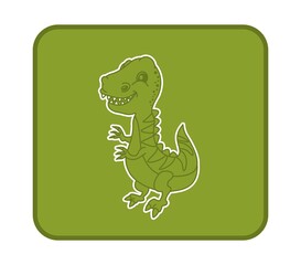 Square button with young tyrannosaurus dinosaur and big teeth on green background 