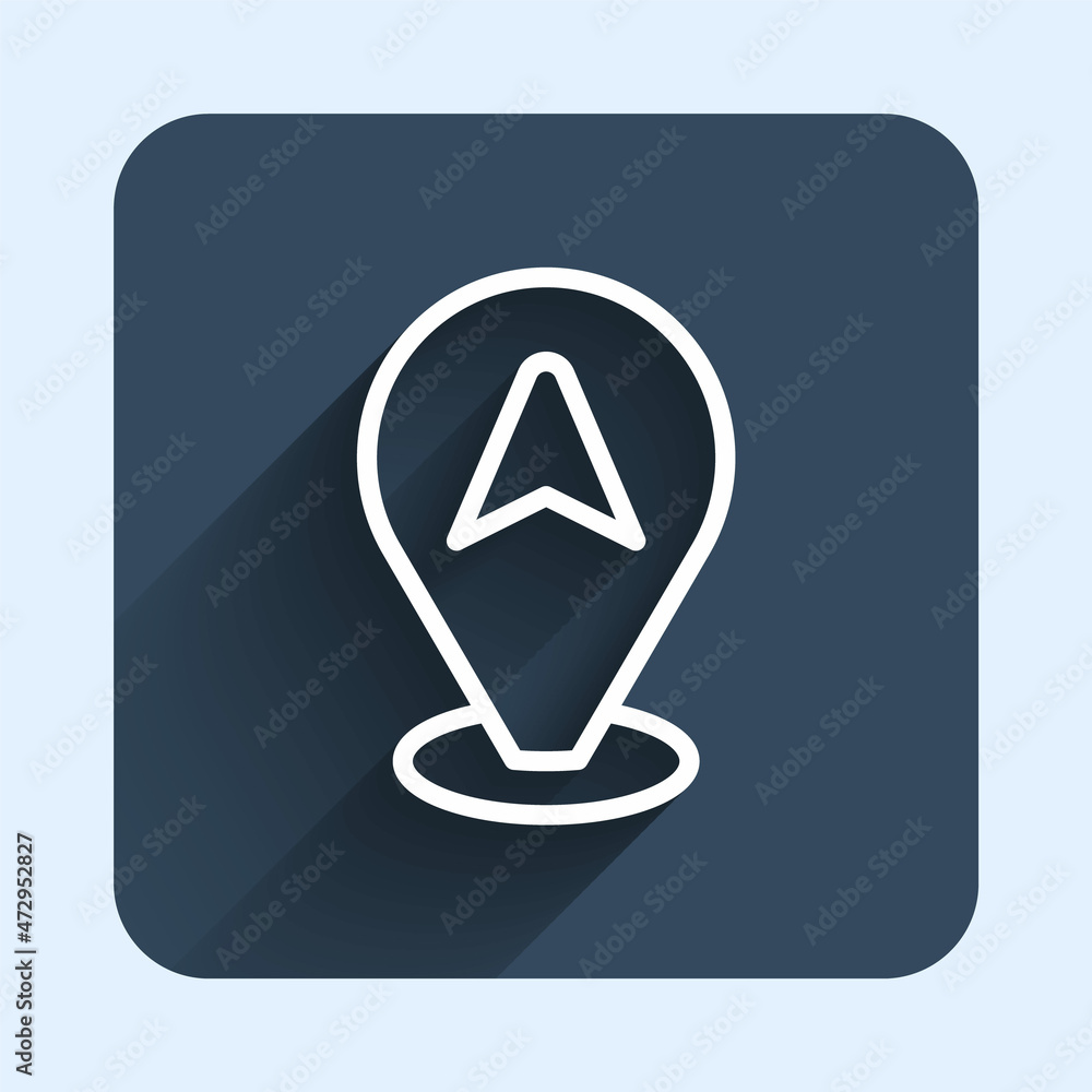 Poster white line map pointer with taxi car icon isolated with long shadow background. location symbol. blu