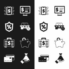 Set Car leasing percent, Loan, Smartphone with dollar, Monitor, Briefcase and money, Piggy bank, Money hand and Credit card icon. Vector