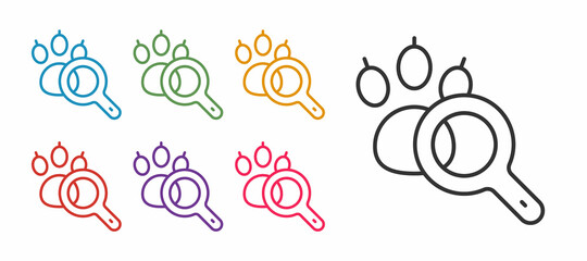 Set line Paw search icon isolated on white background. Magnifying glass with animal footprints. Set icons colorful. Vector
