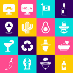 Set Tabasco sauce, Nachos in bowl, Mexican man sombrero, Mexico flag, Cactus, Mustache and Avocado fruit icon. Vector