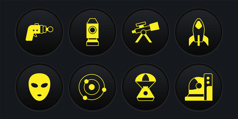 Set Alien, Rocket ship, Solar system, Space capsule, Telescope, Astronaut helmet and Ray gun icon. Vector