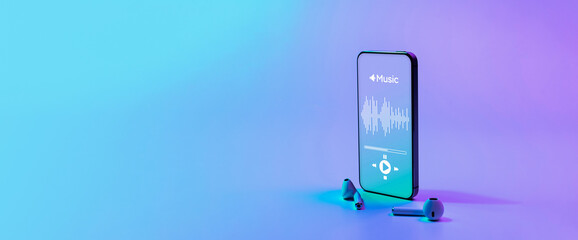 Music banner. Mobile smartphone screen with music application, sound headphones. Audio voice with radio beats on neon gradient background. Broadcast media music banner with copy space.