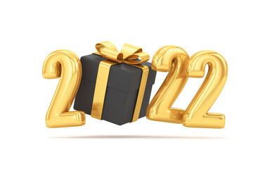Black Friday. Gift with gold ribbon and golden numbers 2022 fly on a white background. 3d render illustration.