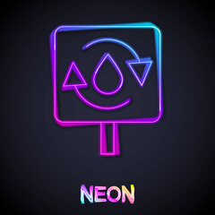 Glowing neon line Recycle clean aqua icon isolated on black background. Drop of water with sign recycling. Vector