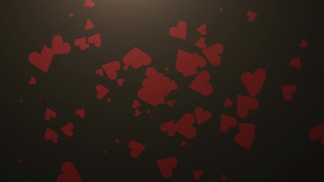 Fly red hearts on dark background, motion holidays, romantic and Valentines style background