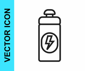 Black line Fitness shaker icon isolated on white background. Sports shaker bottle with lid for water and protein cocktails. Vector