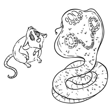 Hungry cobra snake getting ready to eat the mouse. Snake hypnotizing the rat rodent in anticipation of dinner. Cartoon comic style illustration, vector stock image