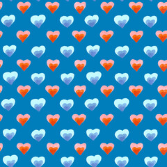 Fototapeta na wymiar Cute seamless pattern of hearts drawn by markers on a blue background. For fabric, sketchbook, wallpaper, wrapping paper, invitation.
