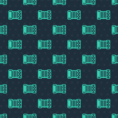 Green line Musical instrument accordion icon isolated seamless pattern on blue background. Classical bayan, harmonic. Vector