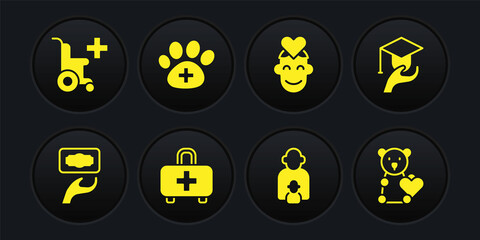 Set Donation and charity, Education grant, First aid kit, Taking care of children, Volunteer, Veterinary clinic, Donate toys and Wheelchair for disabled person icon. Vector