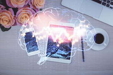 Fototapeta premium Double exposure of brain drawing over work table desktop. Top view. Global data analysis concept.