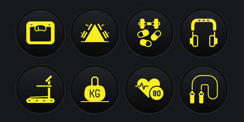 Set Treadmill machine, Headphones, Weight, Heart rate, Sports doping with dumbbell, Metal rack weight, Jump rope and Bathroom scales icon. Vector