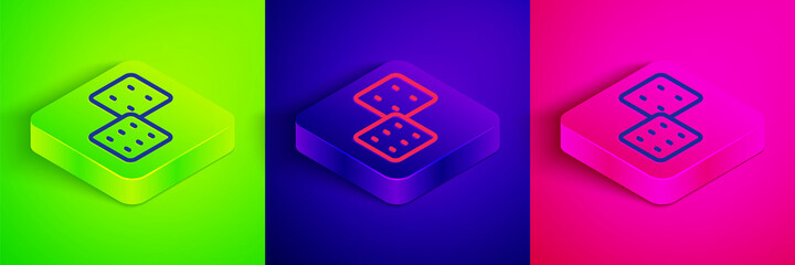 Isometric line Game dice icon isolated on green, blue and pink background. Casino gambling. Square button. Vector