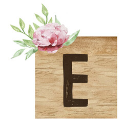 Watercolor wooden tile with capital letter E and flowers. Floral ABC, ornamental letter E