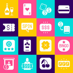 Set Slot machine with jackpot, Bingo, Casino chips exchange, Game dice, spin button, Lottery ticket, Champagne bottle glass and Money prize casino icon. Vector