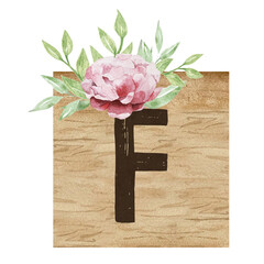 Watercolor wooden tile with capital letter F and flowers. Floral ABC, ornamental letter F