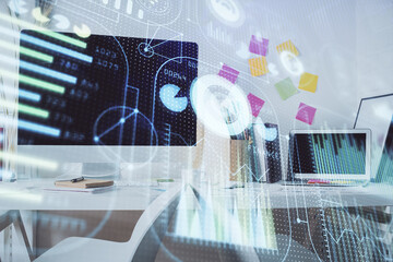 Double exposure of data theme drawing and office interior background. Concept of technology.
