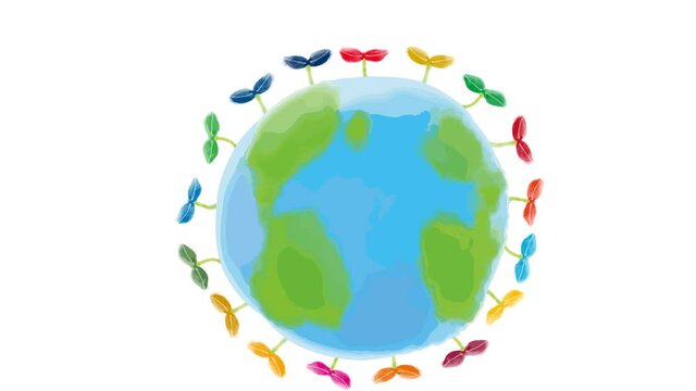 SDGsイメージの水彩の地球と双葉のアニメーション（南半球）