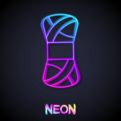 Glowing neon line Yarn icon isolated on black background. Label for hand made, knitting or tailor shop. Vector