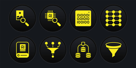 Set Artificial intelligence AI, Neural network, Funnel filter, Server, Data, Binary code, Processor CPU, and Photo retouching icon. Vector