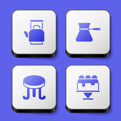 Set Kettle with handle, Coffee turk, table and Cake icon. White square button. Vector