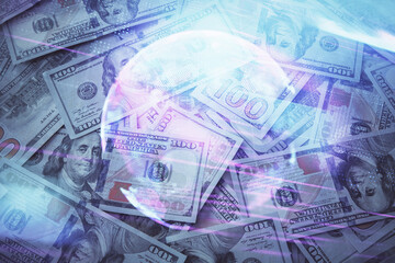 Double exposure of tech theme drawing over usa dollars bill background. Concept of technology.