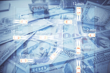 Double exposure of tech theme drawing over usa dollars bill background. Concept of autopilot ai.