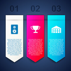 Set Stereo speaker, Trophy cup and Warehouse. Business infographic template. Vector