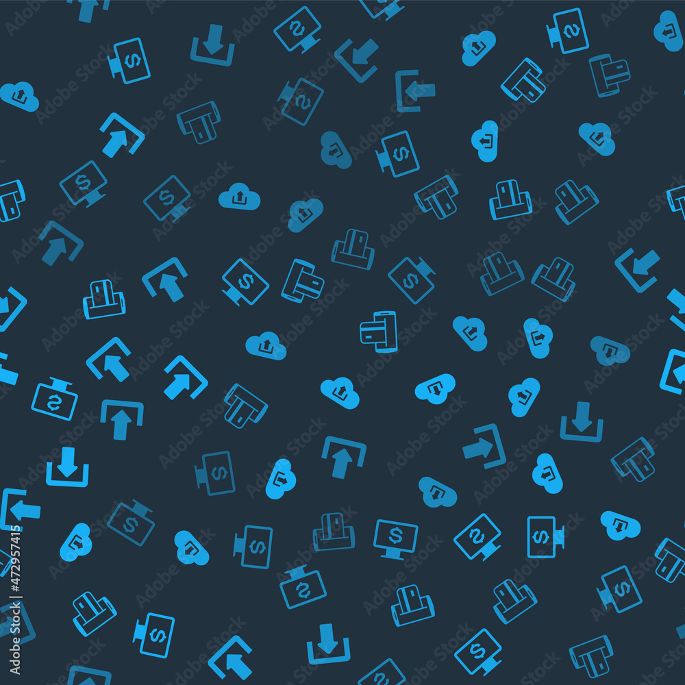 Poster set monitor with dollar, cloud upload, nfc payment and download on seamless pattern. vector