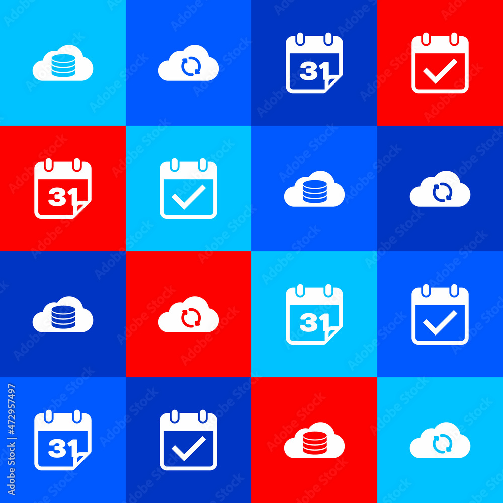 Poster set cloud database, sync refresh, calendar and with check mark icon. vector