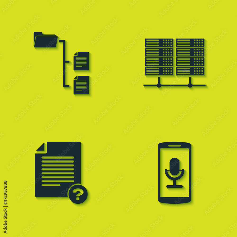 Poster set folder tree, mobile recording, unknown document and server, data, web hosting icon. vector