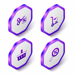 Set Isometric Scissors cuts discount coupon, Hand truck and boxes, Shopping basket and Magnifying glass with percent icon. Purple hexagon button. Vector