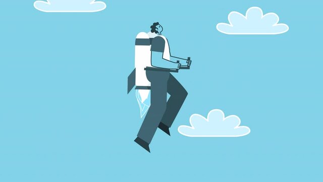 Flying man with jet pack with smartphone. Flat Design Cartoon Character Isolated Loop 2d Animation with Alpha Channel