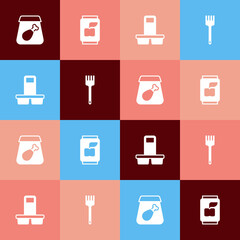 Set pop art Online ordering meal, Soda can, Coffee cup to go and Fork icon. Vector