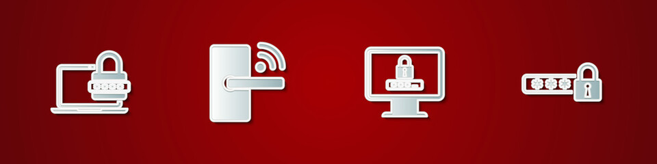 Set Laptop with password, Digital door lock wireless, Monitor and Password protection icon. Vector