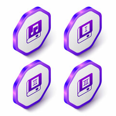 Set Isometric Audio book, Book, and icon. Purple hexagon button. Vector