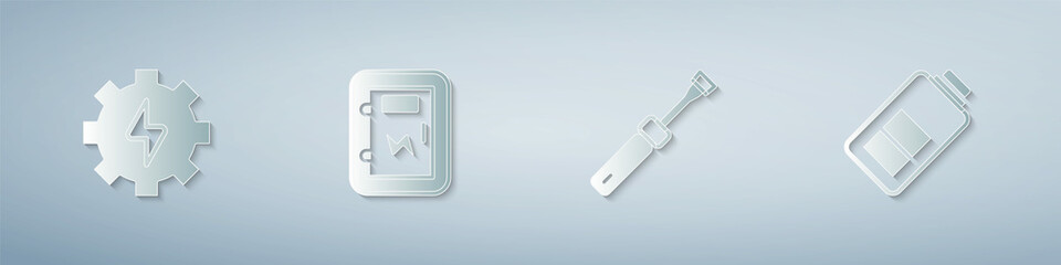 Set Gear and lightning, Electrical panel, Screwdriver and Battery charge. Paper art style. Vector