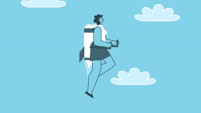 Flying woman with jet pack with smartphone. Flat Design Cartoon Character Isolated Loop 2d Animation with Alpha Channel