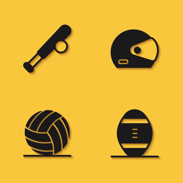 Set Baseball bat with ball, American Football, Volleyball and Racing helmet icon with long shadow. Vector