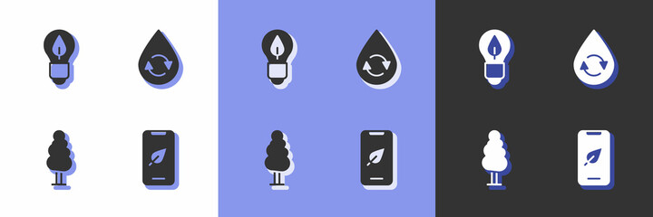Set Mobile phone with leaf, Light bulb, Tree and Recycle clean aqua icon. Vector