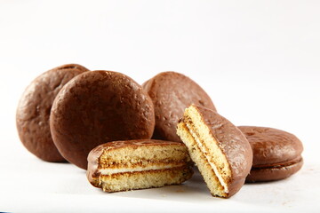 Fresh baked chocolate cake filled with marshmallow cfeam. 