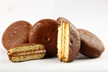 Fresh baked chocolate cake filled with marshmallow cfeam. 
