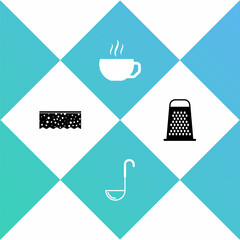 Set Sponge with bubbles, Kitchen ladle, Coffee cup and Grater icon. Vector