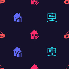 Fototapeta premium Set Hanging sign with For Rent, Rising cost of housing, House check mark and on seamless pattern. Vector