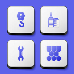 Set Crane hook, City landscape, Wrench spanner and Roof tile icon. White square button. Vector