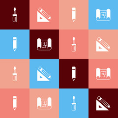 Set pop art Screwdriver, Triangular ruler and pencil, Pencil with eraser and House plan icon. Vector